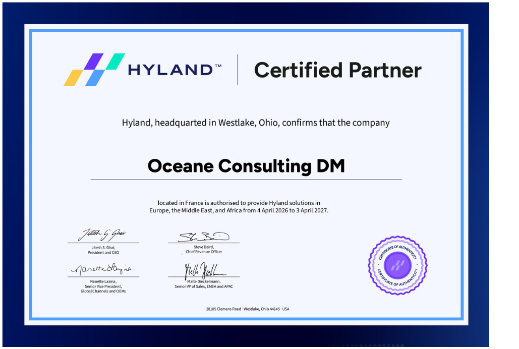 Certificat Hyland Certified Partner - Océane Consulting DM